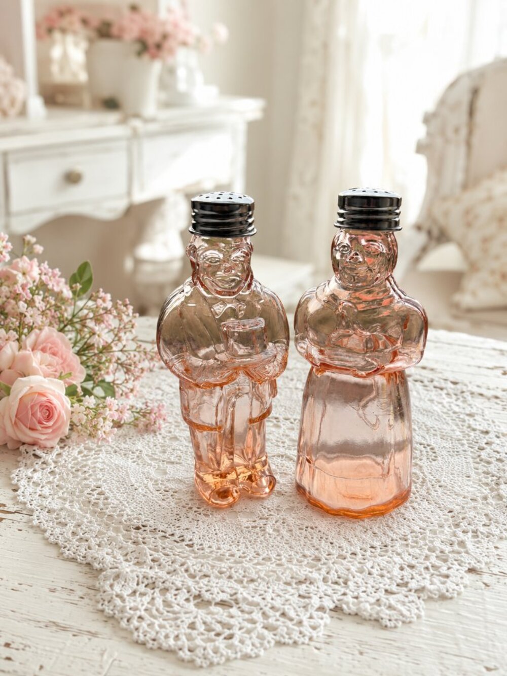 Rare Vintage Pink Depression Glass Mr. and Mrs. Salt and Pepper Shakers